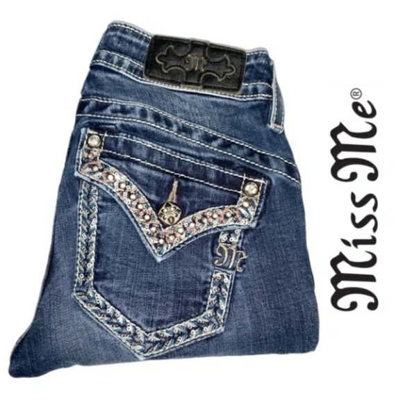 Miss Me Denim - Miss Me Women's Blue Embellished Sequins Mid Rise Jeans 25x30 0419 Women’s Jeans